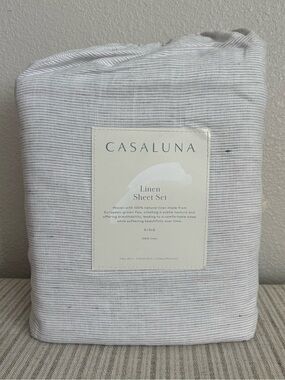 NWT King 100% Linen Sheet Set Dark Gray Micro Stripe - Casaluna